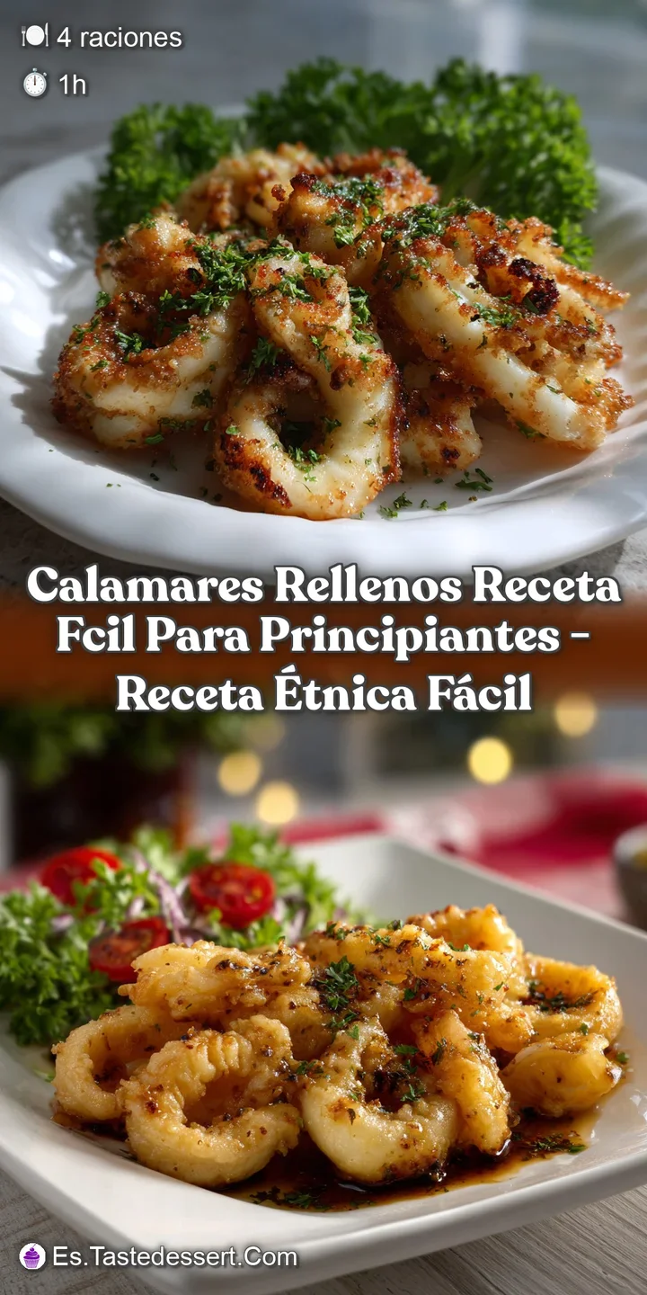 Close-up of succulent stuffed calamari glistening with oil. The filling is visible, surrounded by crispy, golden-brown ten...