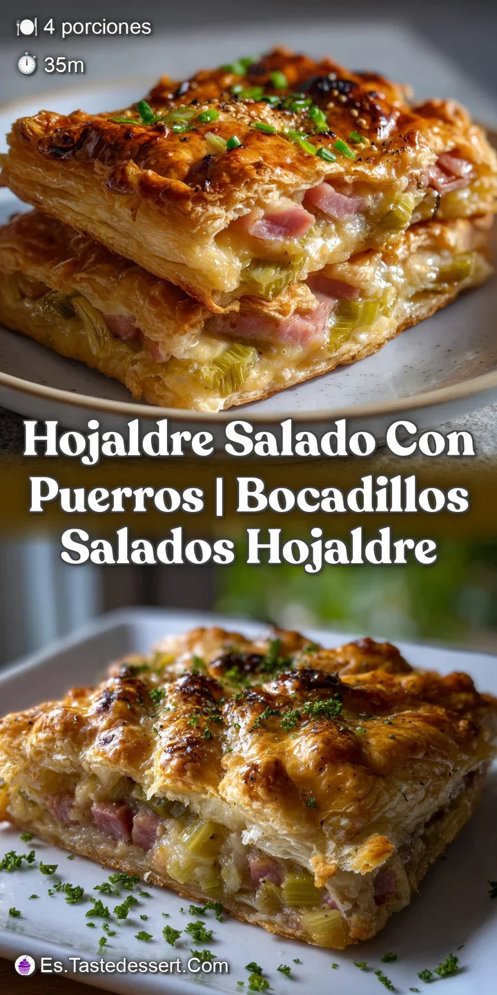 Close-up of a crispy, layered pastry. Rich golden-brown hues meet tender, caramelized leeks, inviting the viewer's appetite.