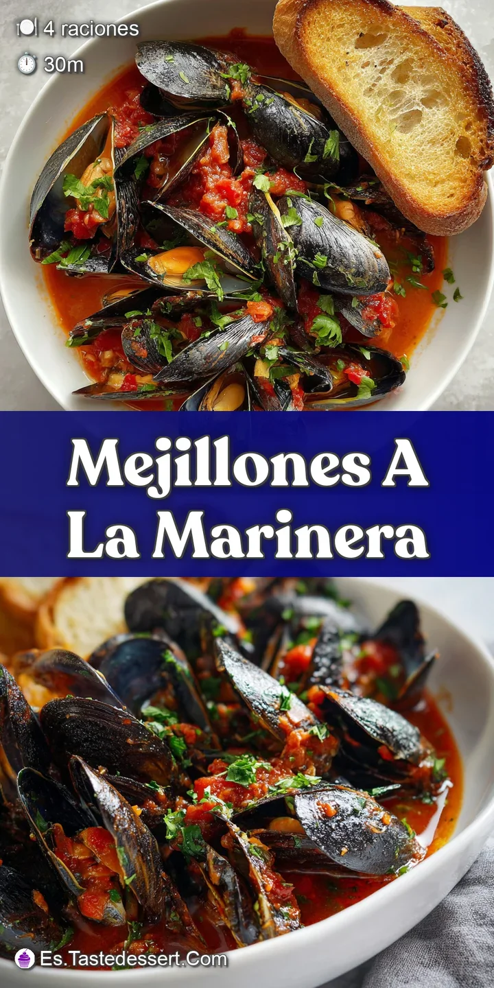 Close-up of plump mussels bathed in a flavorful, deep red sauce. Hints of garlic and fresh herbs add to the dish's appetiz...