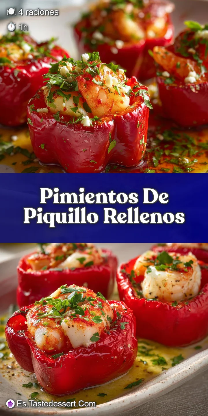 Close-up of a bright red piquillo pepper with a luscious, creamy white filling. Drizzled olive oil glistens. An appetizer'...