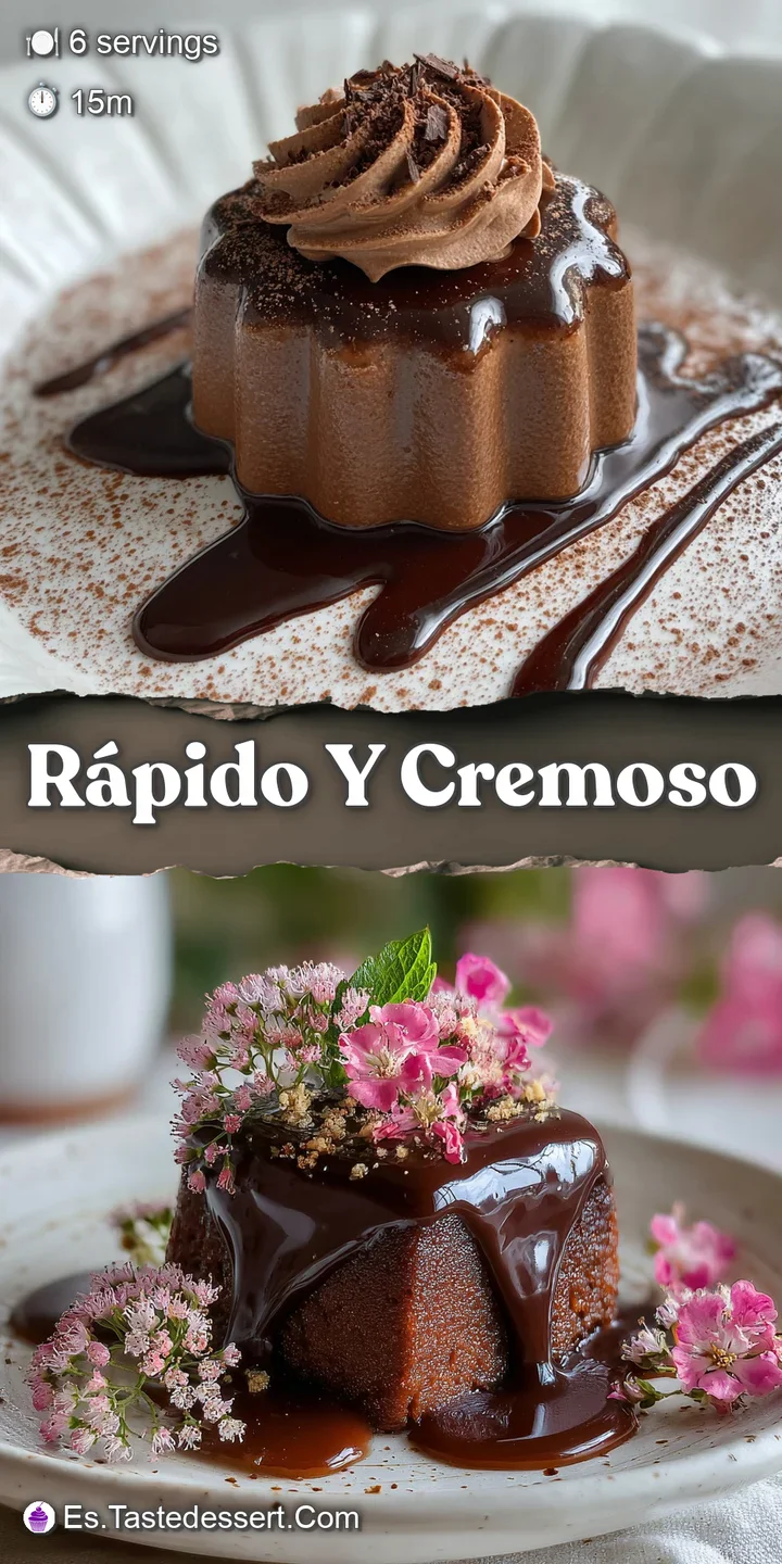 Close-up of a rich, dark chocolate pudding with a glossy surface. The smooth, velvety texture looks incredibly decadent an...