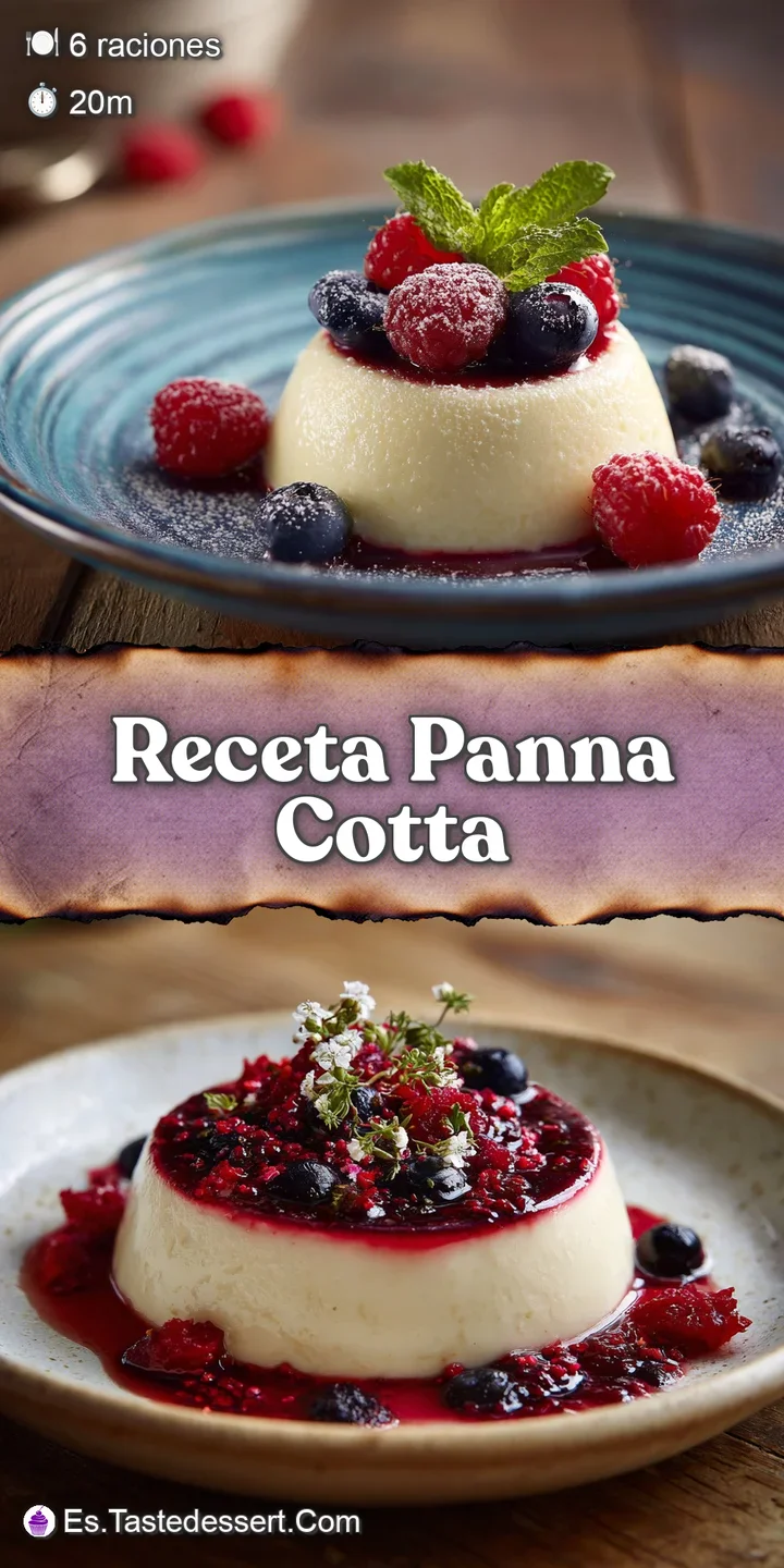 Close-up of a creamy white panna cotta, showcasing its delicate wobble. The glossy red berry sauce adds a burst of vibrant...