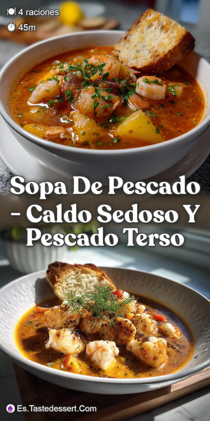 Close-up view of the rich, golden fish soup, highlighting flaky fish, soft vegetables, and the glistening broth's texture.