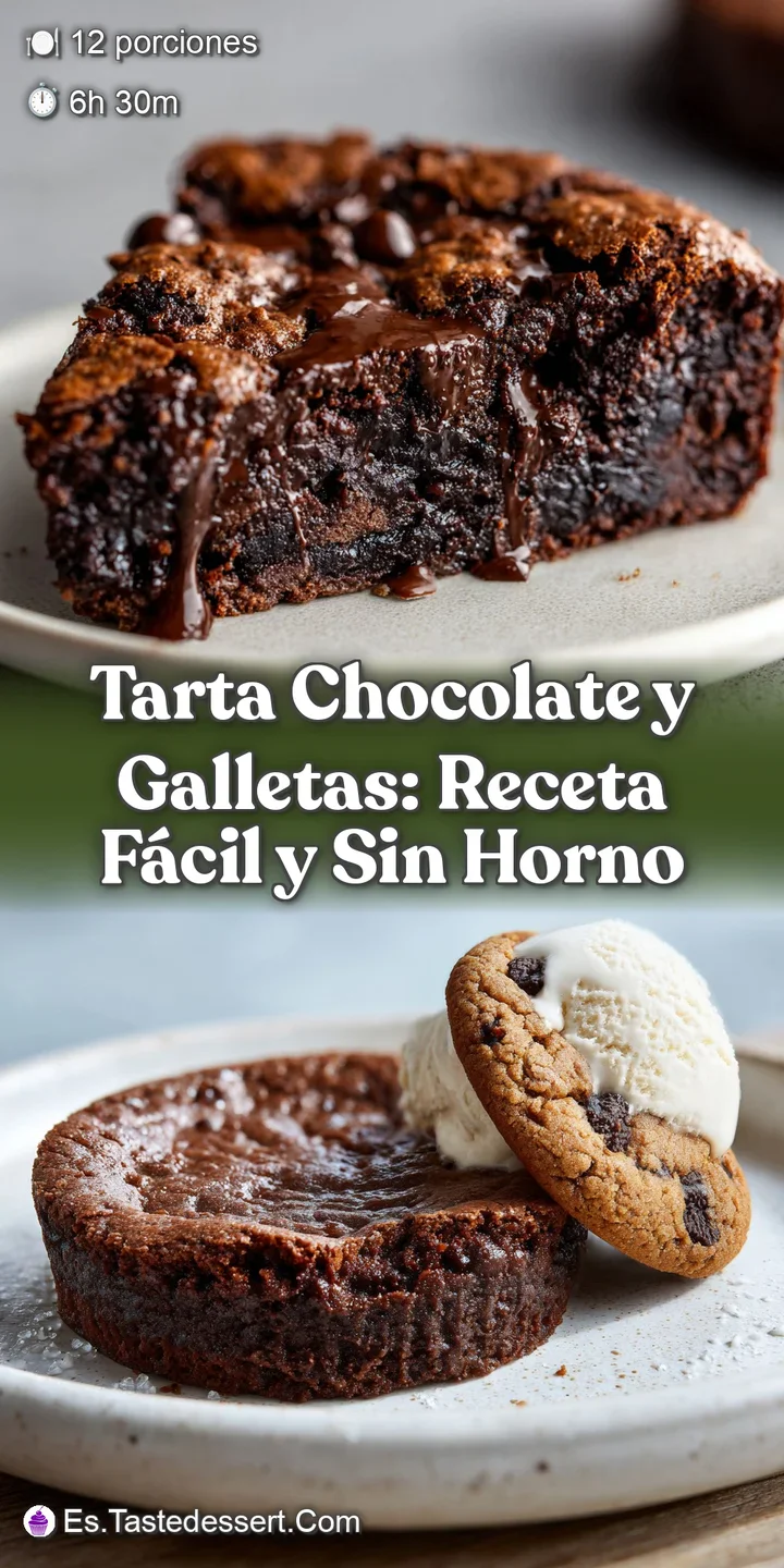 Close-up of a rich, dark chocolate dessert studded with cookie pieces. The dessert glistens, hinting at a moist and decade...