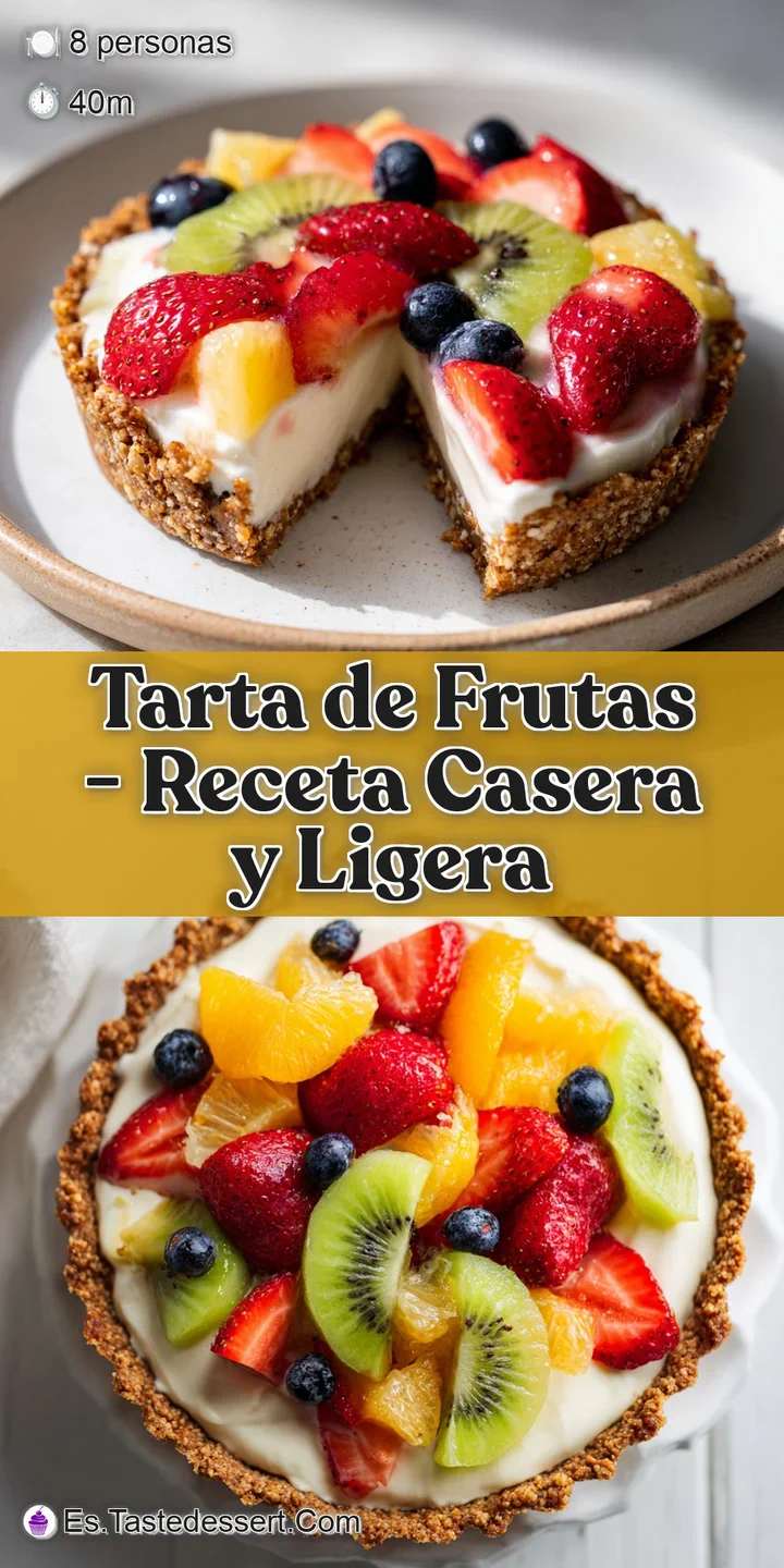 Primer plano de frutas brillantes y jugosas sobre una capa de crema espesa y una base de masa quebrada crujiente y dorada.