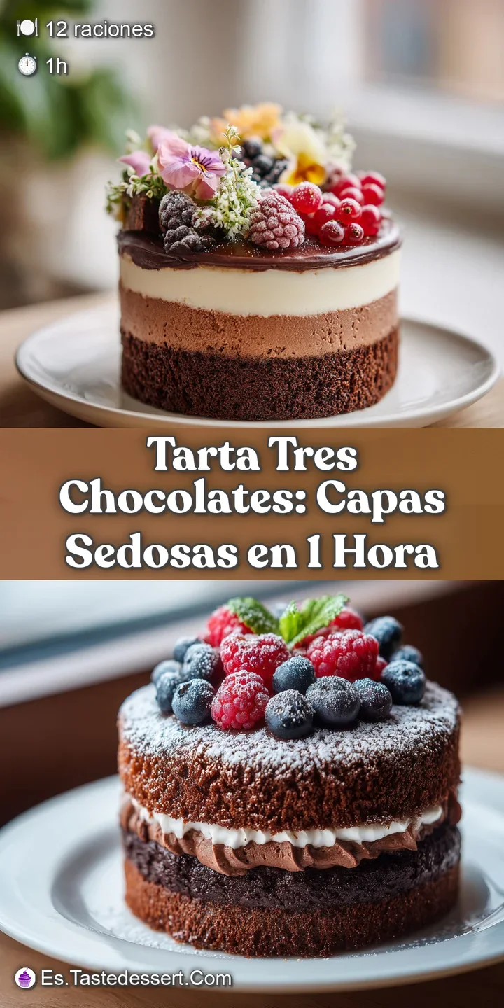 Close-up of a three-chocolate torte, showcasing the smooth, distinct layers. Rich, dark, and creamy white chocolate textur...