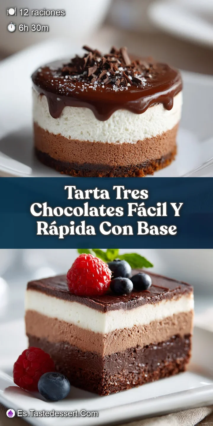 Close-up of rich, decadent Tarta Tres Chocolates. Three layers of chocolate with smooth textures create a tempting dessert.