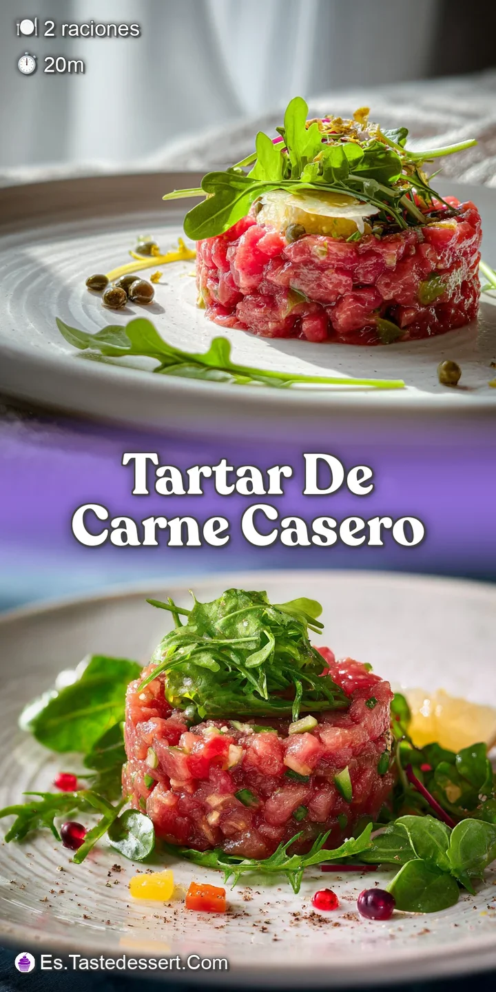Close-up of fresh beef tartare; you can see the coarsely chopped texture, the shiny capers, and vibrant herbs sprinkled atop.