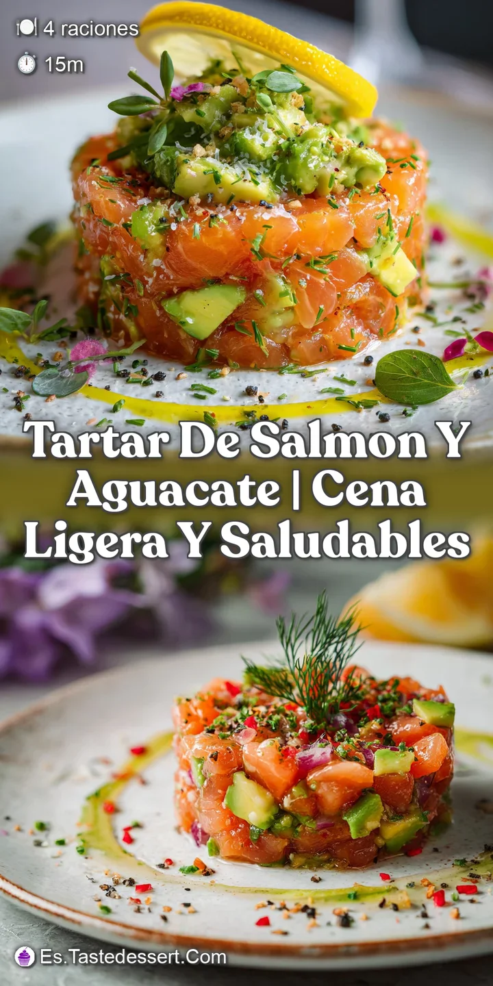 Close-up reveals the fresh, silky texture of salmon and avocado tartar. Bright citrus juice glistens on the surface.