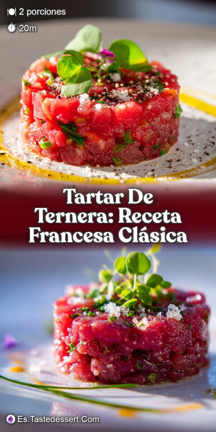 Close-up of freshly prepared beef tartare; rich, ruby-red raw meat glistening with savory oils, ready to spread on crispy ...