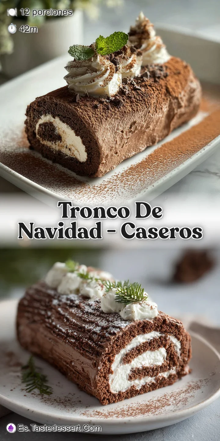 Close-up of a decadent Christmas log with a swirl of white cream, dark chocolate 'bark,' and a sprinkling of chopped hazel...