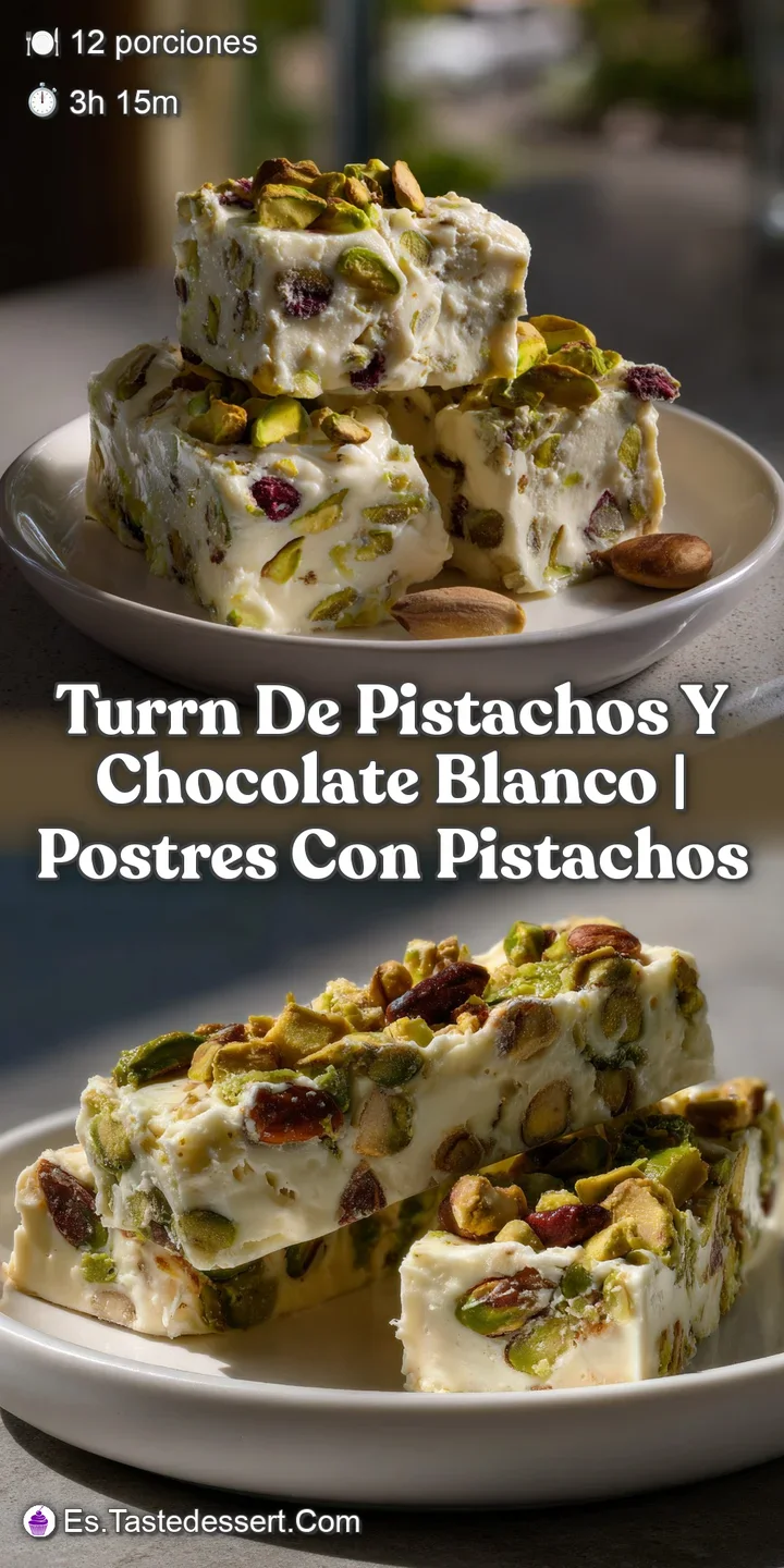 Close-up of creamy white chocolate marbled with vibrant green pistachios. The smooth, melting texture and appealing colors...