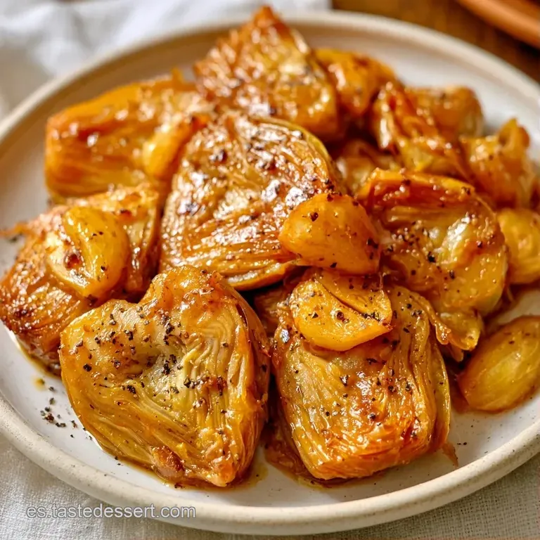 Composición ordenada de corazones de alcachofa glaseados, adornados con láminas de ajo tostado y perejil fresco picado.