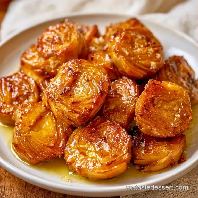 Corazones de alcachofa tiernos y brillantes sobre un fondo neutro, adornados con finas láminas de ajo tostado crujiente.