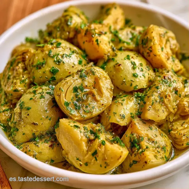 Corazones de alcachofa dispuestos con delicadeza, resaltados por un aliño sedoso y gotas de aceite oliva dorado.