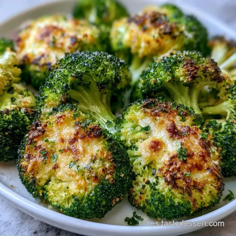 Arbolitos de brócoli dispuestos en plato cerámico blanco, con trozos tostados y un toque de aceite brillante y sal.