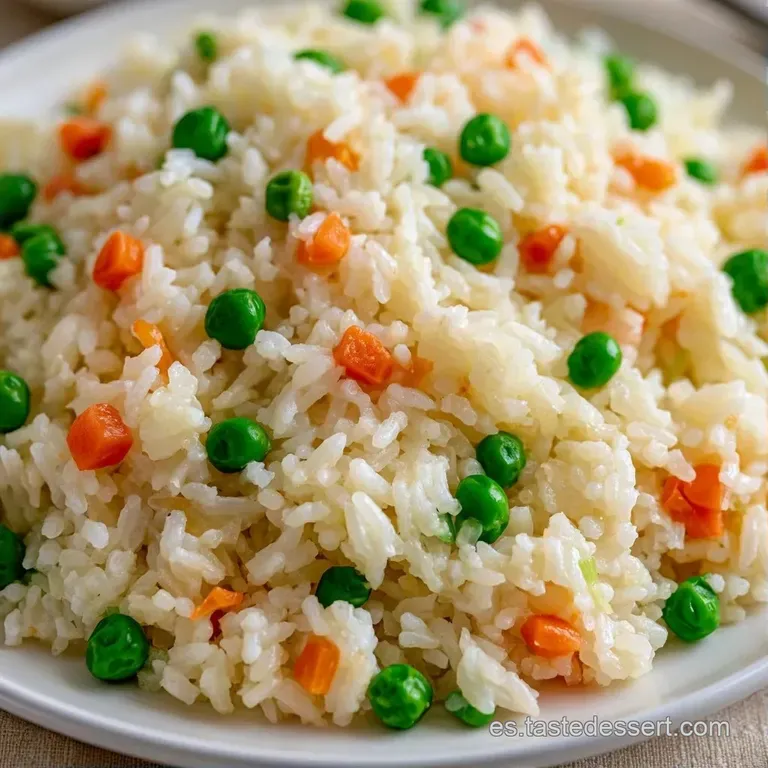 Plato de arroz moldeado rodeado de tiras de pimiento rojo y verde, con un toque de perejil fresco y aceite brillante.