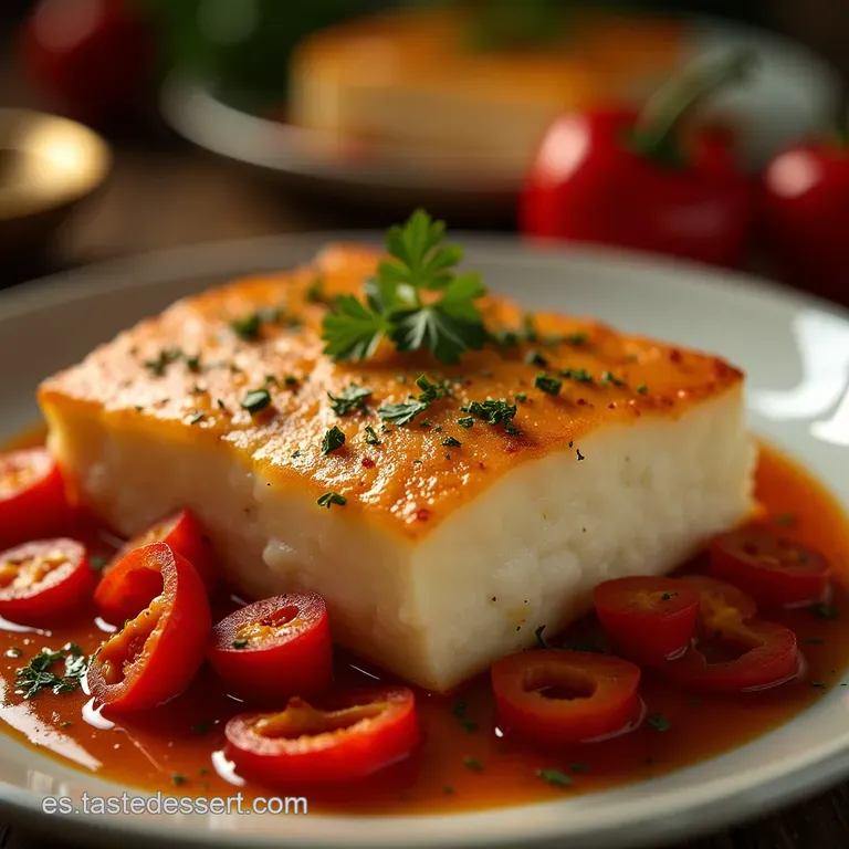 Bacalao Gratinado a La Llama Con Crema De Pimientos Rojos Asados presentation