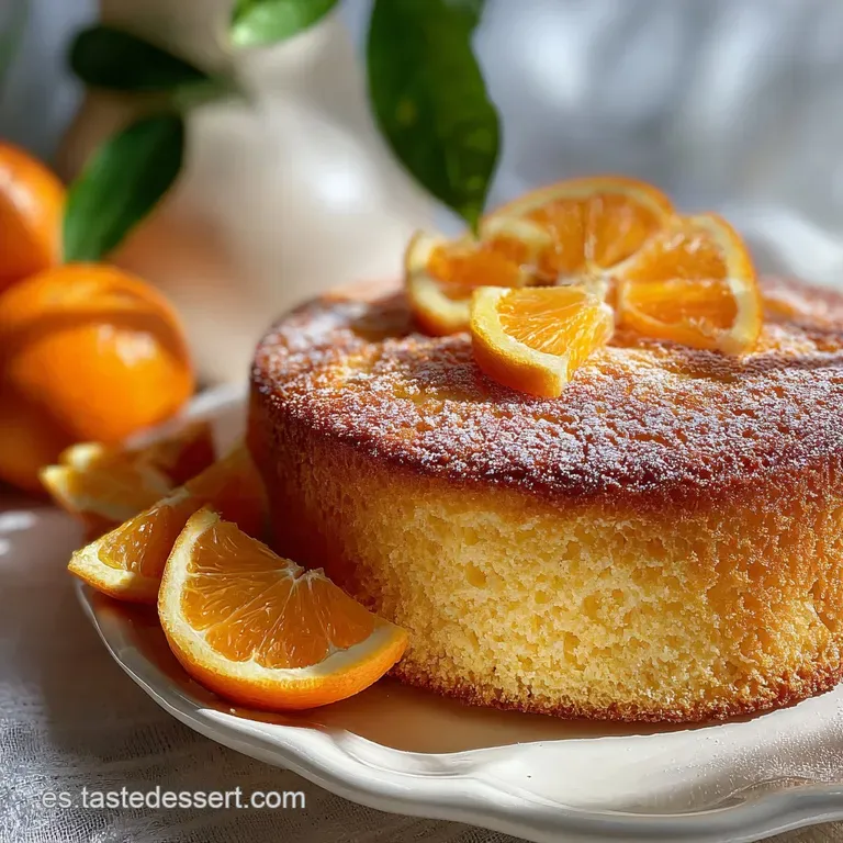 Slice of fluffy orange cake on a white plate. Glistening, syrupy glaze and vibrant orange zest create a visually appealing...