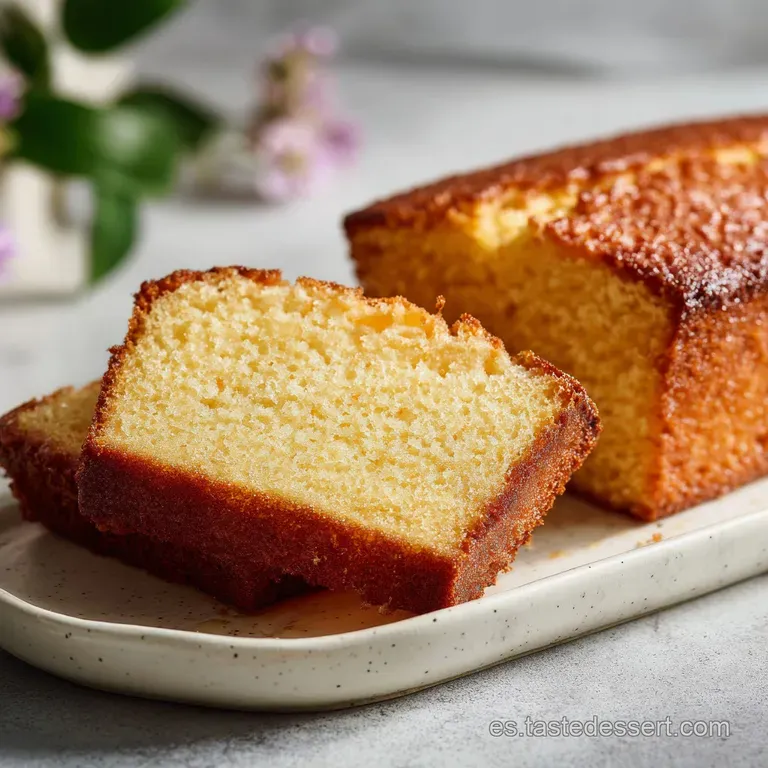 Slice of moist yogurt cake on a white plate, beside a dollop of fresh cream and scattered berries. Soft, inviting light on...