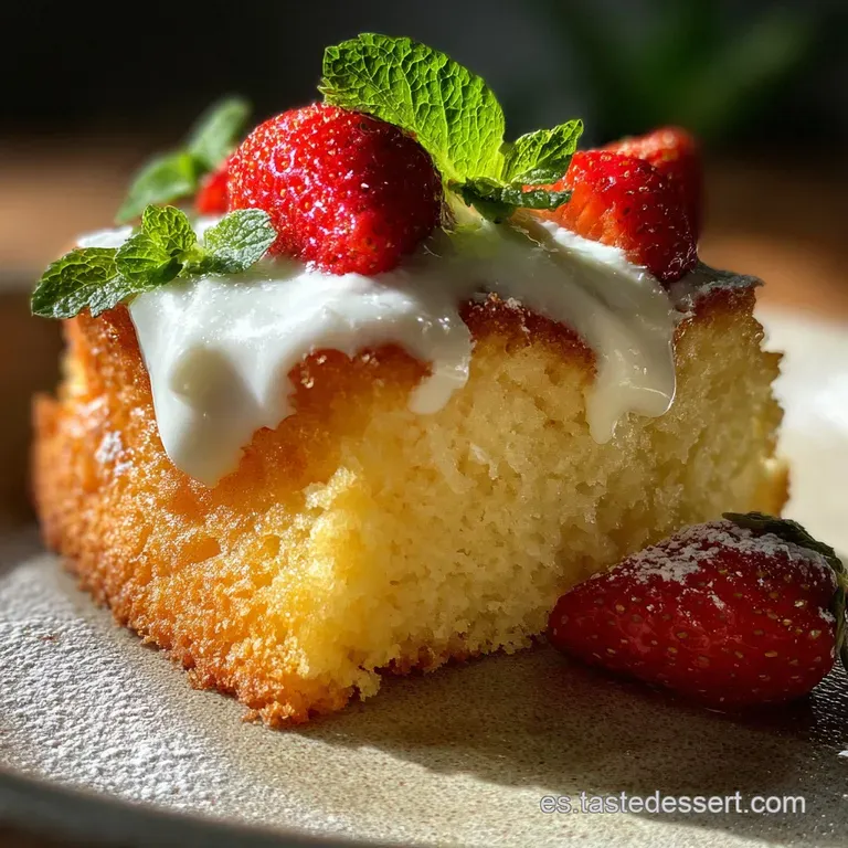 Slice of moist yogurt cake on a white plate. Beside it, a dollop of whipped cream & vibrant mixed berries gleam under the ...