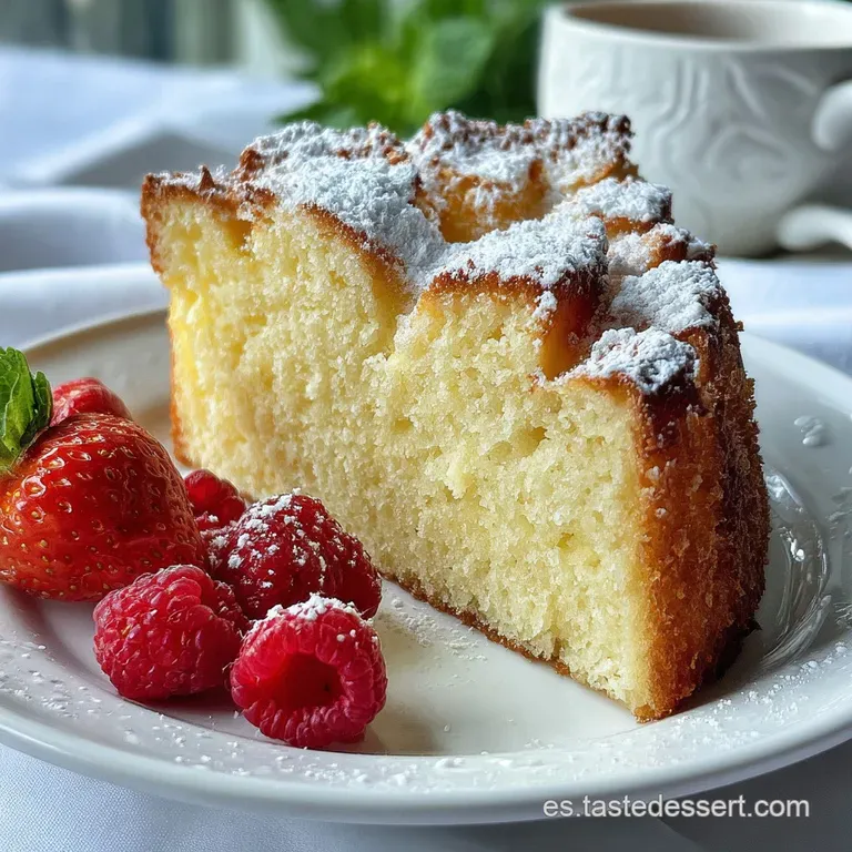 Slice of moist yogurt cake on a patterned plate, dolloped with fresh whipped cream and bright red berries, inviting and de...