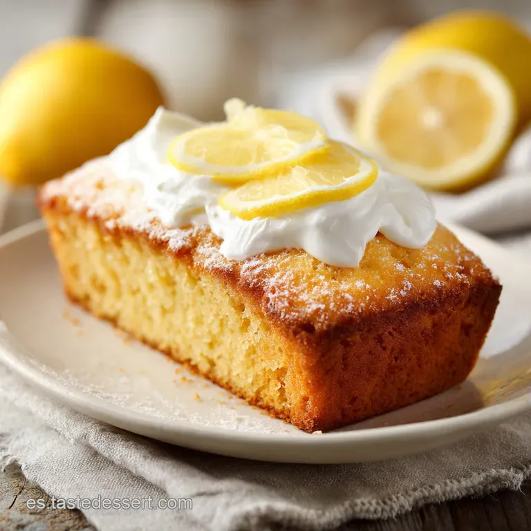 Slice of moist lemon yogurt cake on a white plate, glistening with glaze and garnished with a lemon wedge and mint.