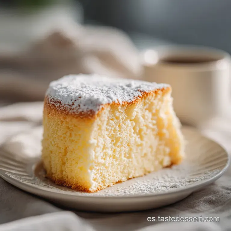Slice of fluffy bizcocho served on a white plate, its tender crumb visible, alongside a steaming cup. A comforting view.