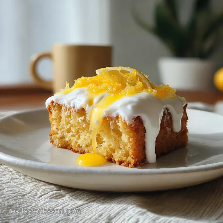 Slice of moist lemon yogurt cake with glistening glaze, offering a bright, tangy aroma; a fork rests elegantly beside it.