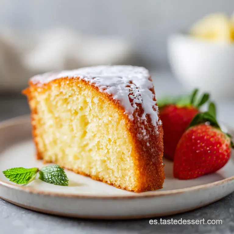 Slice of moist yogurt cake on a patterned plate, served with a dollop of cream and vibrant fresh berries. Inviting and rus...