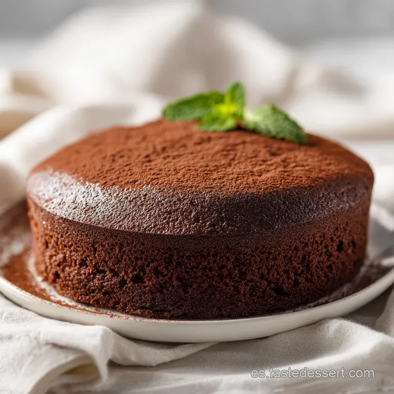 Slice of dark chocolate cake on a white plate. Light cocoa powder dusting adds texture. Simple, elegant, and inviting dess...