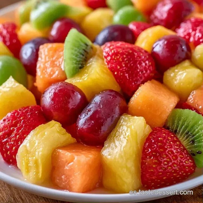 Brochetas de frutas frescas dispuestas en abanico sobre un plato cerámico, con gotas de jugo brillante y hojas de menta.
