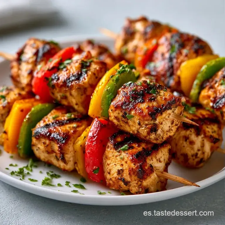 Brochetas alineadas con trozos de pollo jugoso y verduras coloridas, adornadas con perejil fresco sobre cerámica clara.