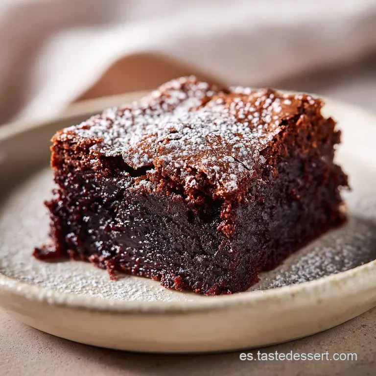 A single, glistening brownie square on a white plate, dusted with cocoa, alongside a scoop of melting vanilla ice cream. W...