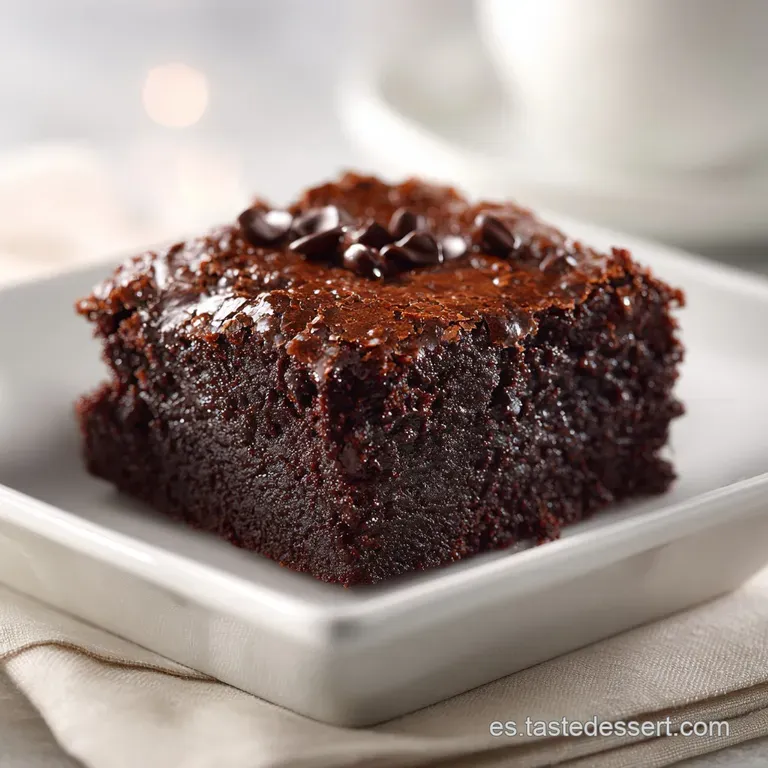 A glossy, dark brownie topped with flaky sea salt rests on a white plate, dusted with cocoa and paired with fresh raspberr...