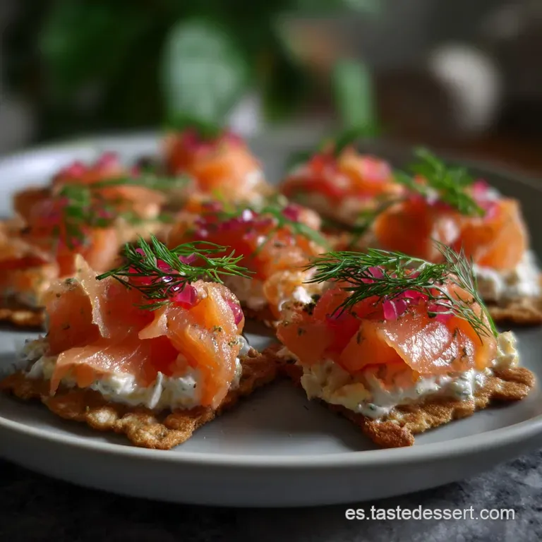 Artfully arranged canap&eacute;s on a white plate, showcasing creamy mousse, salmon slices, and bright green herbs. A visually ap...