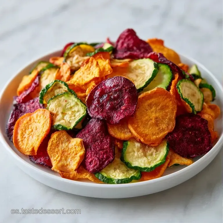 Montón ordenado de chips vegetales coloridos sobre un plato cerámico oscuro, resaltando bordes tostados y granos de sal.