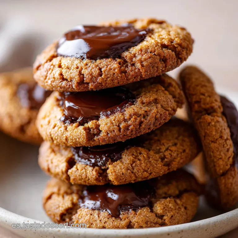 Pila de galletas crujientes en un plato blanco, con trozos de chocolate brillantes y una suave servilleta de lino gris.
