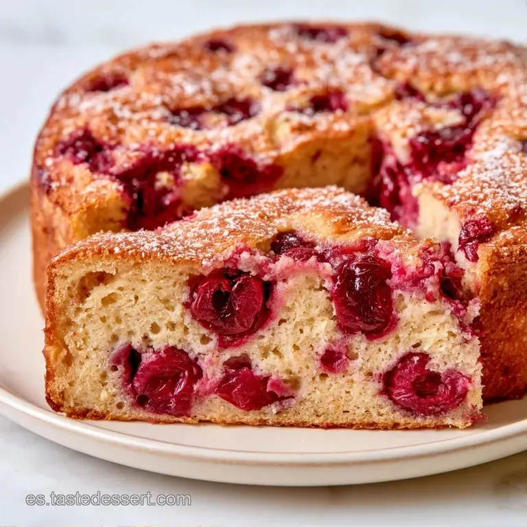 Porción cuadrada de postre cremoso con cerezas jugosas, decorada con una hoja de menta fresca sobre plato blanco.