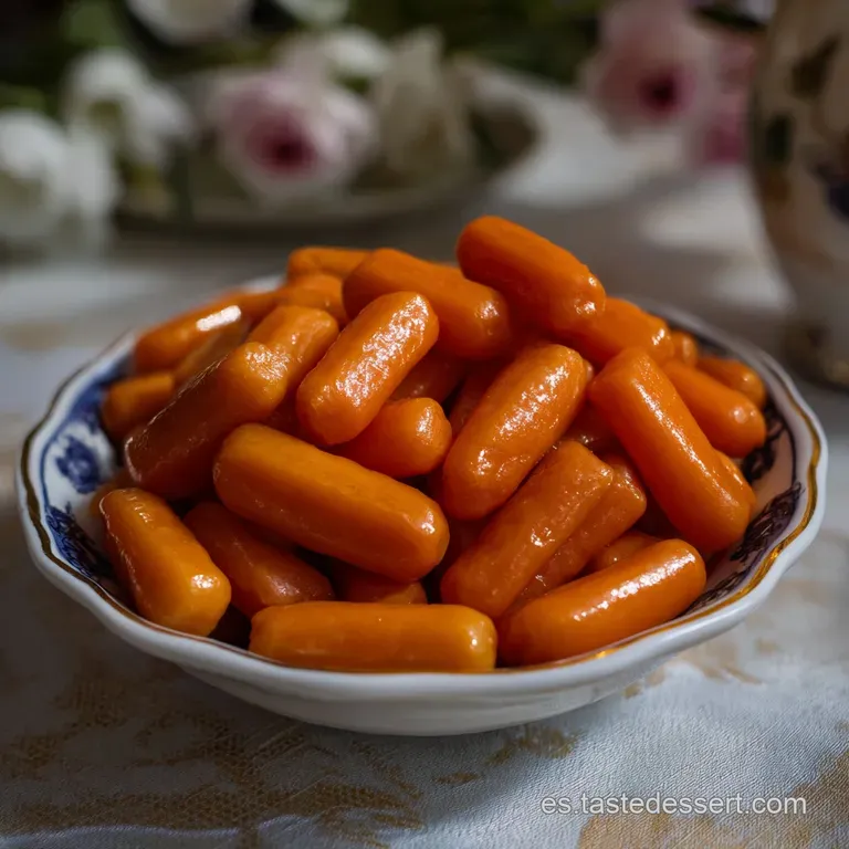 Vibrant orange glazed carrots, tender-crisp, arranged artfully with a single, unique, glossy, centered, golden bite.