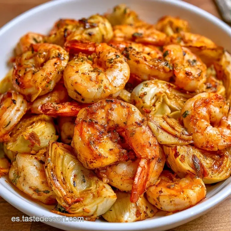 Gambas rosadas dispuestas sobre tiernas alcachofas verdes, decoradas con perejil fresco y un toque de aceite virgen.