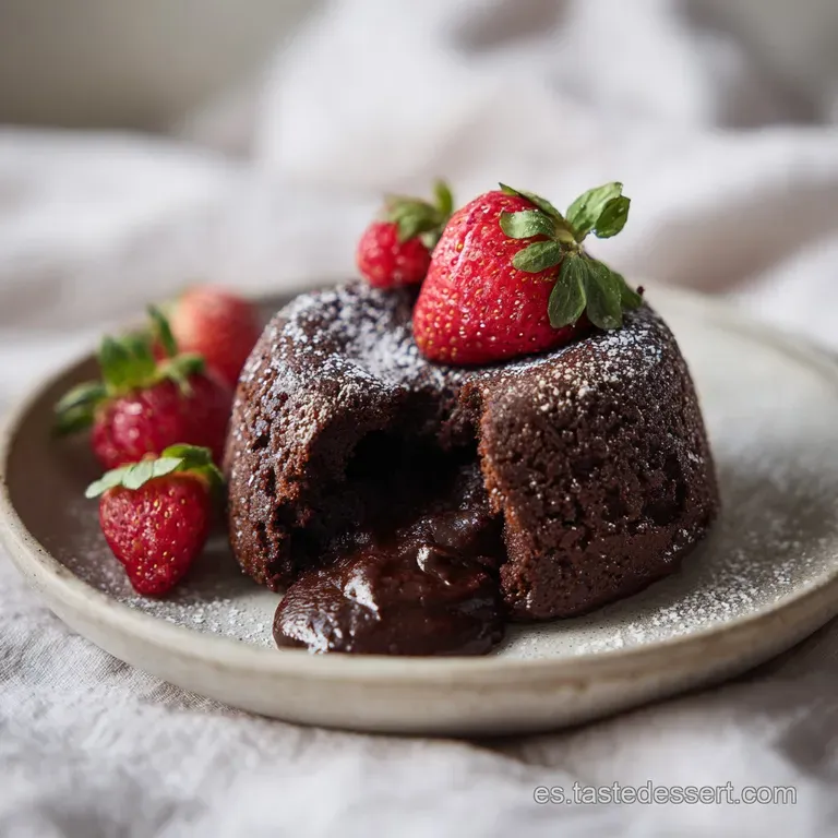 An individual chocolate coulant, warm and oozing, served on a white plate with a swirl of raspberry coulis.
