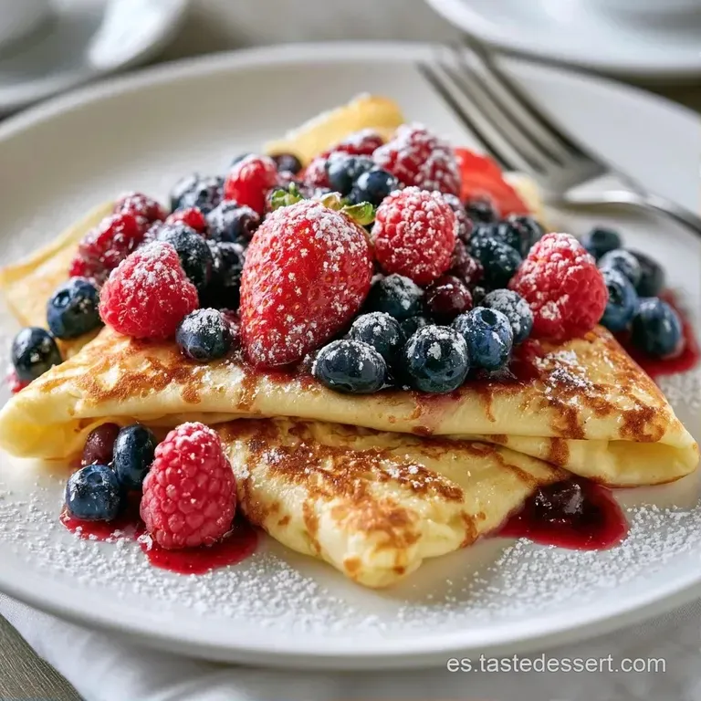 Crepas enrolladas con azúcar glas espolvoreada, hojas de menta verde y trozos de fruta fresca sobre cerámica blanca.