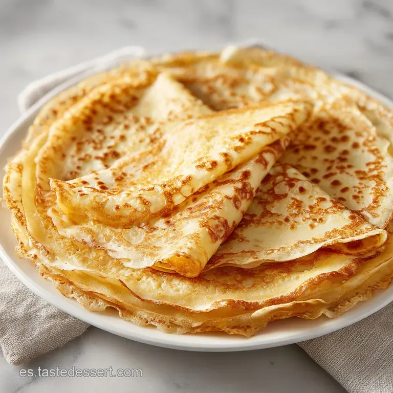 Dos crepes doblados con costras tostadas, decorados con hilos de salsa cremosa y brotes verdes en plato de cer&aacute;mica.