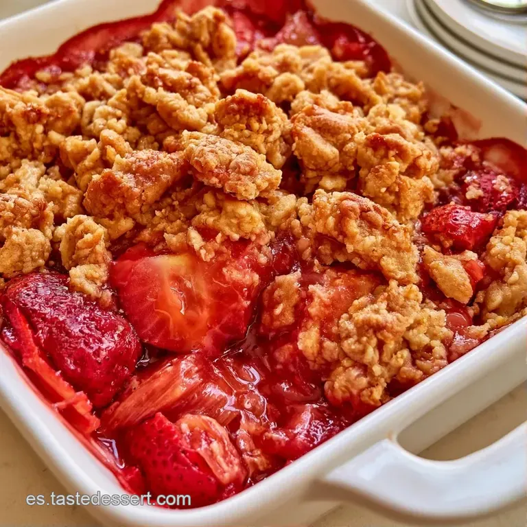 Porción de postre caliente en plato blanco, con trozos de fruta roja fundida y una capa superior de migas tostadas.