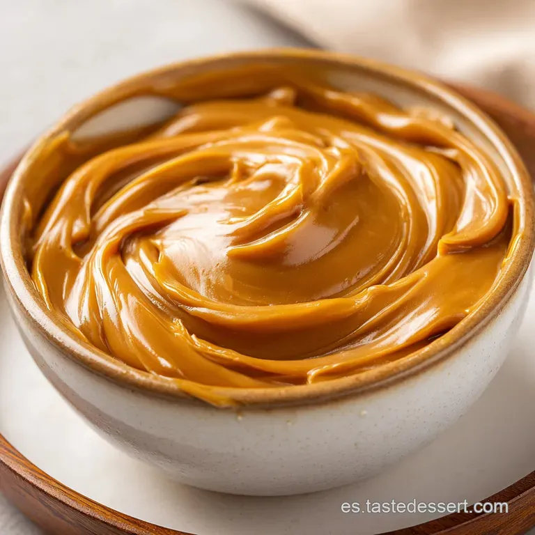 Salsa espesa de tono caramelo oscuro dispuesta en un cuenco de cer&aacute;mica blanca con un acabado satinado y elegante.