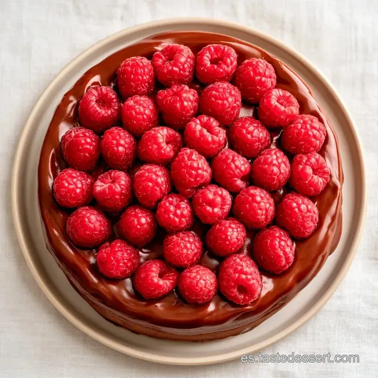 Porción de tarta multicapa con mousse cremosa, centro de frambuesa roja y gotas de salsa brillante sobre plato blanco.