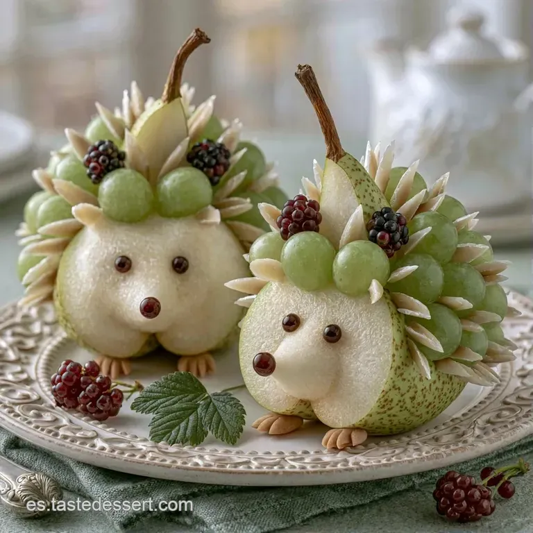 Montaje elegante de frutas frescas con gotas de almíbar brillante y una hoja de menta verde sobre fondo neutro.