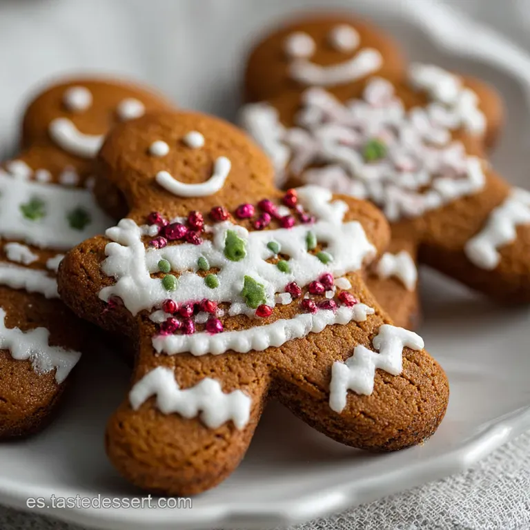 Stack of frosted gingerbread cookies on a white plate dusted with powdered sugar, creating a simple, festive holiday dessert.