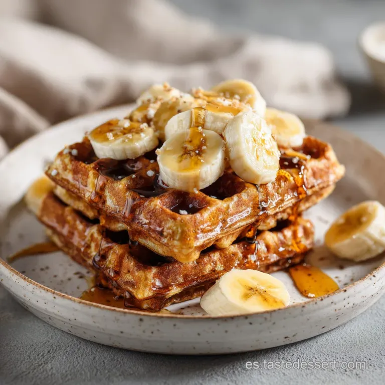 Crisp oat waffle topped with sliced banana, a dusting of cinnamon, and a sprig of mint on a white plate.